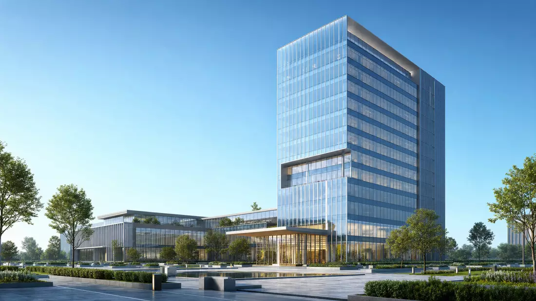Architektur-Render eines modernen Glas-Bürohochhauses mit begrüntem Vorplatz