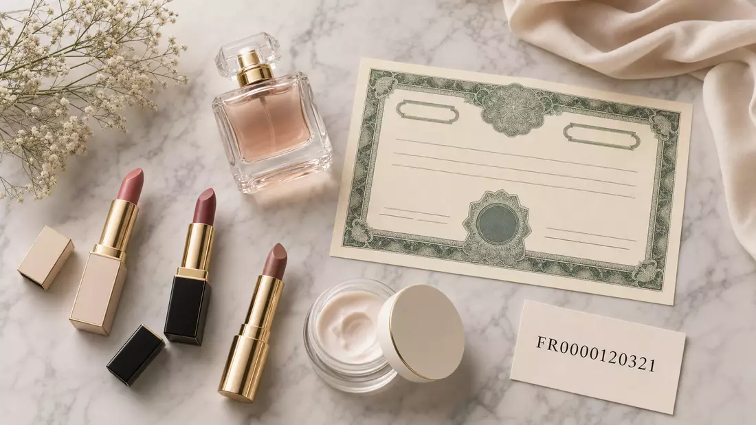 Flatlay mit unetikettierten Lippenstiften, Parfumflakon, Cremetiegel und Aktienzertifikat auf Marmor