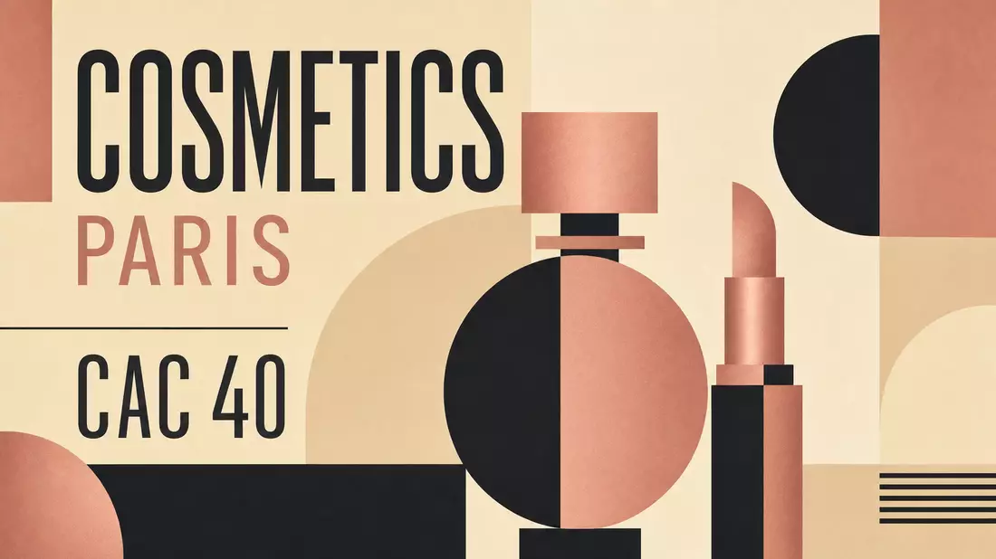 Bauhaus-Poster mit geometrischen Formen, Lippenstift-Silhouette und Text COSMETICS PARIS CAC 40