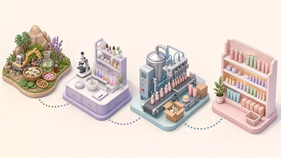 Isometrische 3D-Illustration der Kosmetik-Wertschöpfungskette von Rohstoff bis Verkaufsregal