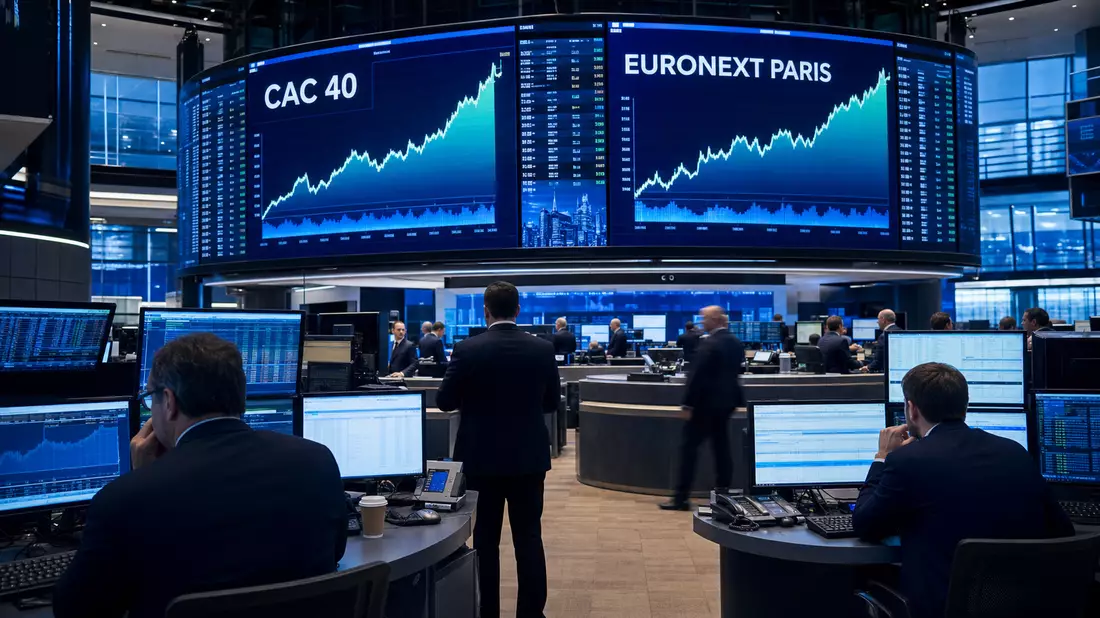 Trading-Floor mit großen Bildschirmen, die CAC 40 und Euronext Paris Charts zeigen