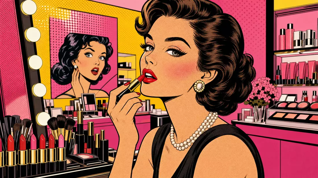 Pop-Art-Comic einer Frau, die vor einem Spiegel unetikettierten Lippenstift aufträgt