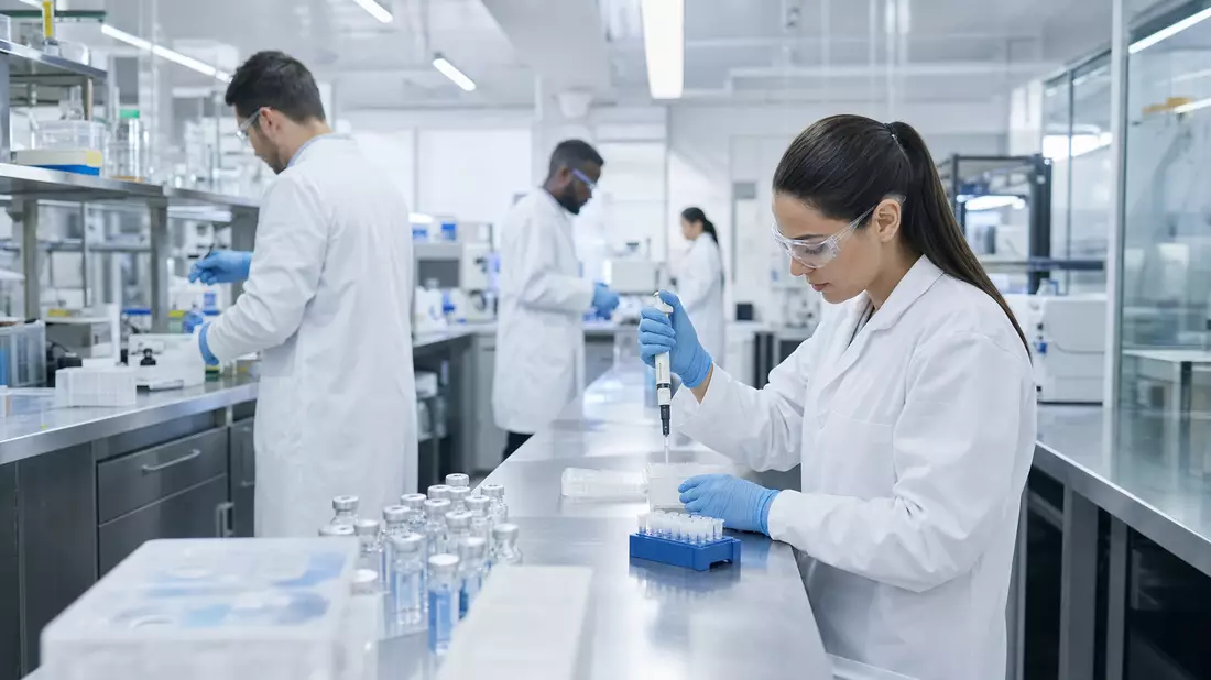 Wissenschaftler in Pharma-Labor mit Impfstoffampullen und Laborgeräten
