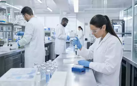 Fotorealistisches Pharma-Labor zeigt Forschung von Johnson & Johnson, ISIN US4781601046, mit Wissenschaftlern und Impfstoffen - Foto: THN