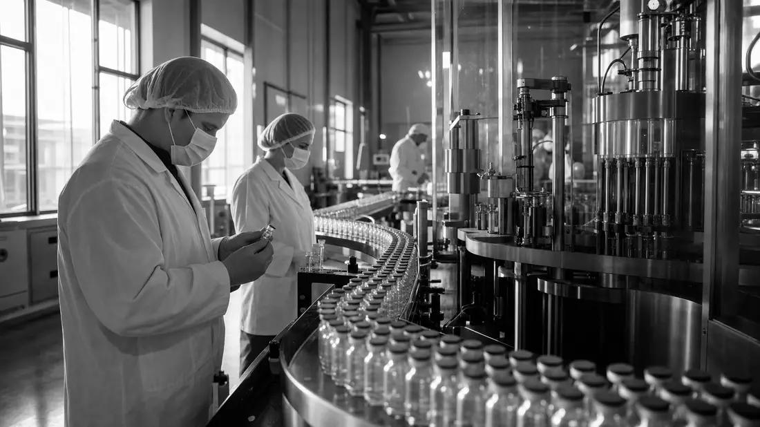Schwarzweiß-Aufnahme einer pharmazeutischen Produktionslinie mit Arbeitern