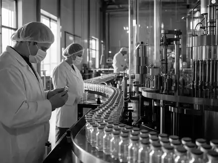 Schwarzweiß-Reportage dokumentiert Produktionslinie von Johnson & Johnson, ISIN US4781601046, in pharmazeutischer Fertigungsanlage - Foto: THN