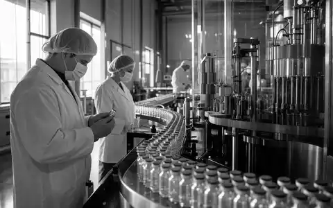 Schwarzweiß-Reportage dokumentiert Produktionslinie von Johnson & Johnson, ISIN US4781601046, in pharmazeutischer Fertigungsanlage - Foto: THN
