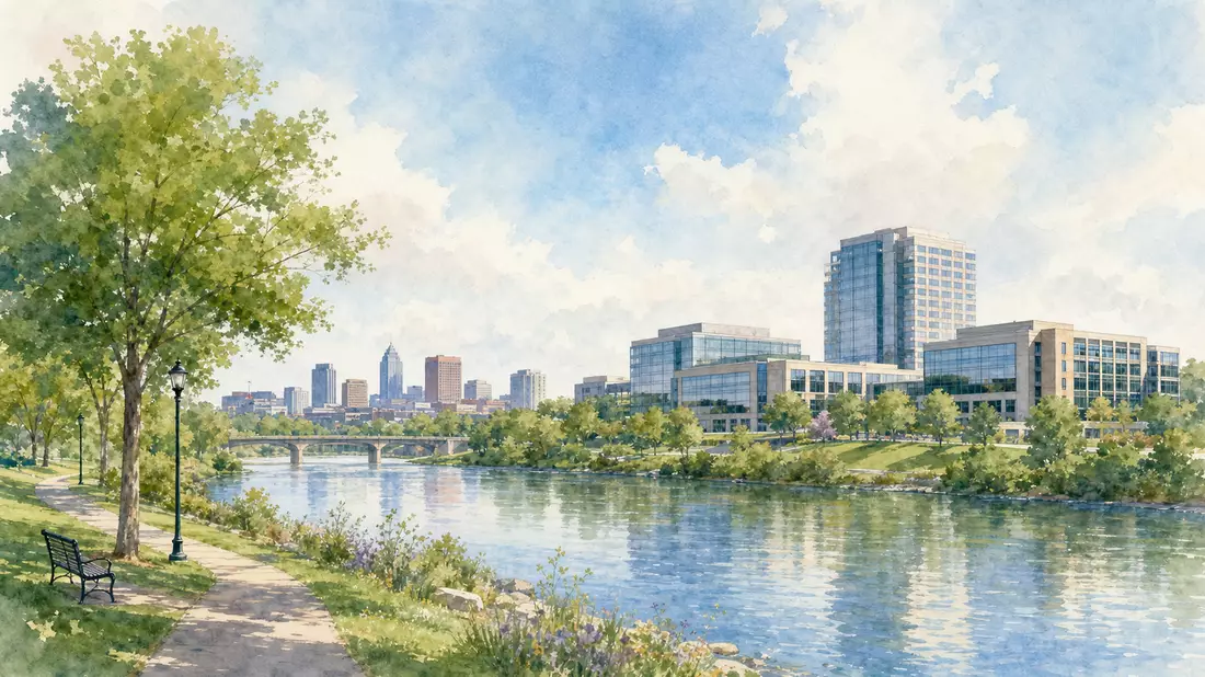 Aquarellbild einer Stadt mit Fluss, Park und modernem Bürocampus