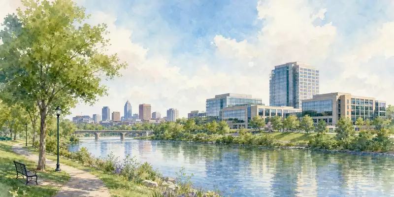 Aquarellmalerei zeigt Stadtansicht am Firmenstandort von Johnson & Johnson, ISIN US4781601046, mit Fluss und Bürogebäuden - Foto: THN