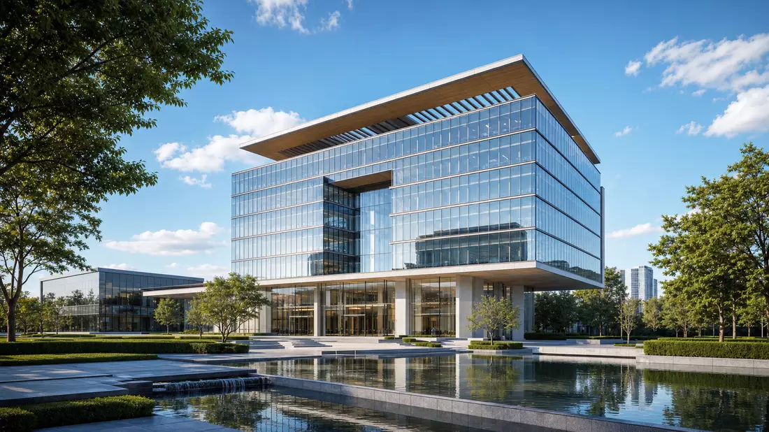 Modernes Glasgebäude mit Wasserbecken und begrüntem Firmencampus