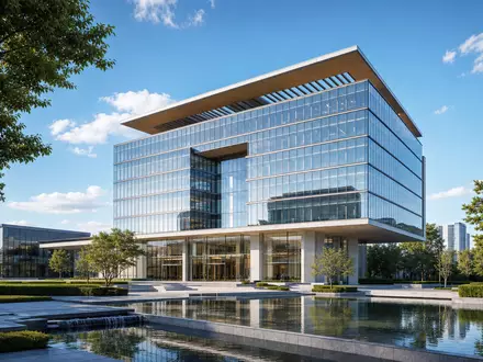 Architektur-Render visualisiert modernen Firmensitz von Johnson & Johnson, ISIN US4781601046, mit Glasfassade und Campus-Anlage - Foto: THN