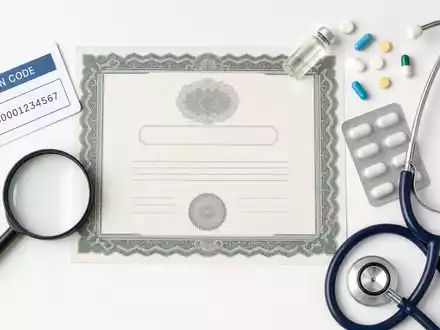 Flatlay-Arrangement mit Aktienzertifikat und ISIN-Karte symbolisiert Aktie von Johnson & Johnson, ISIN US4781601046, im Pharmasektor - Foto: THN