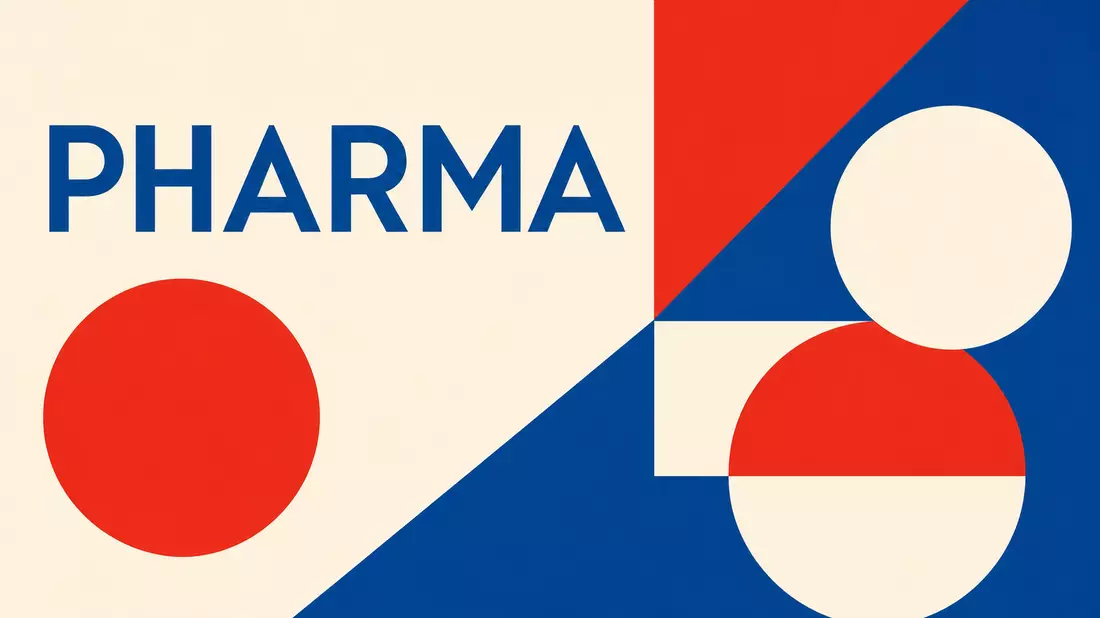 Geometrisches Bauhaus-Poster mit Kreisen, Dreiecken und Schriftzug PHARMA