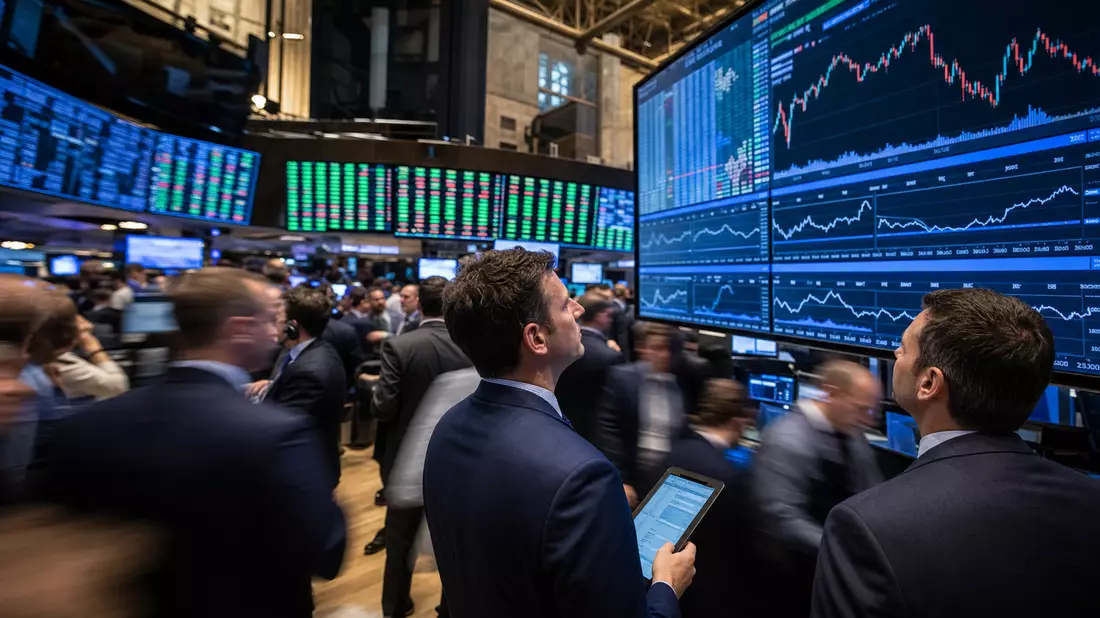 Trader an der New York Stock Exchange vor großen digitalen Börsenanzeigen
