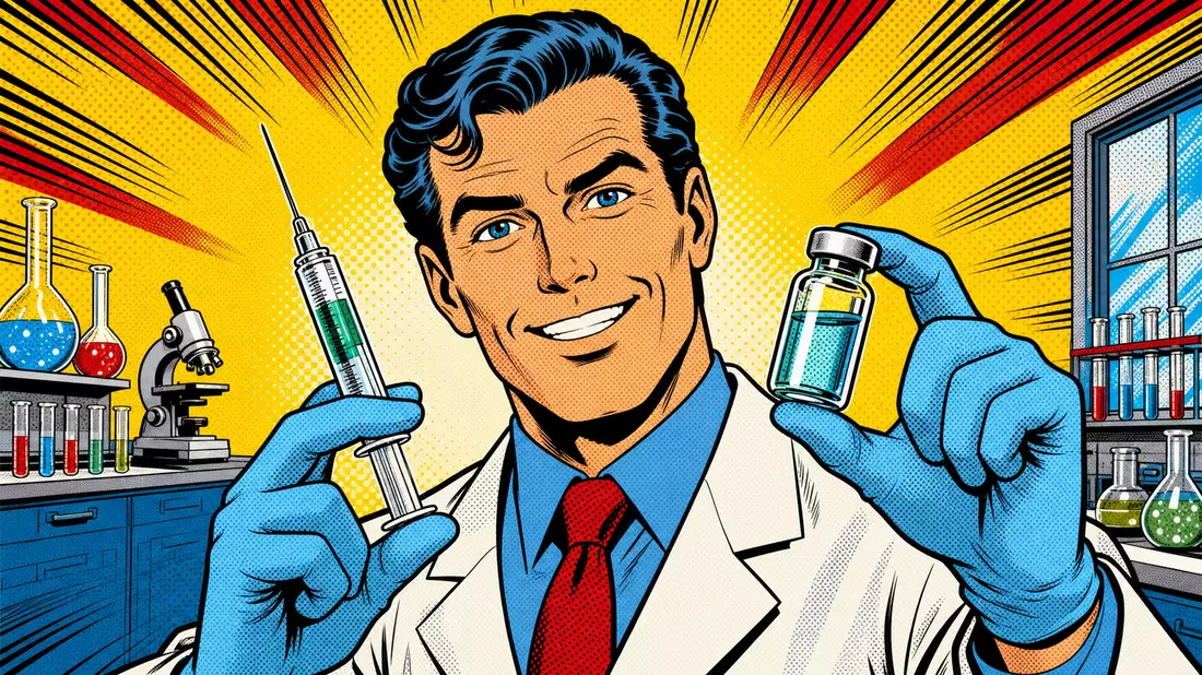 Comic-Illustration eines Wissenschaftlers mit Spritze und Impfstoffampulle