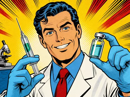 Pop-Art-Comic zeigt lächelnden Wissenschaftler mit Impfstoff und symbolisiert Innovationskraft von Johnson & Johnson, ISIN US4781601046 - Foto: THN