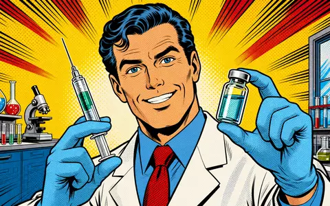 Pop-Art-Comic zeigt lächelnden Wissenschaftler mit Impfstoff und symbolisiert Innovationskraft von Johnson & Johnson, ISIN US4781601046 - Foto: THN