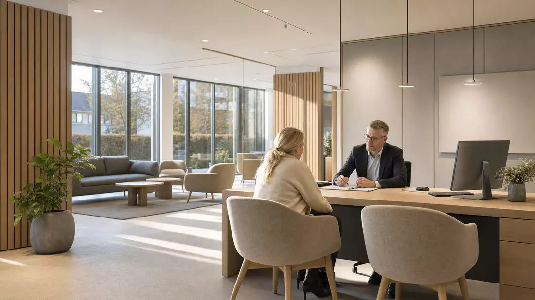 Moderne Bankfiliale mit Beratungstisch, Kunde und Berater im Gespräch