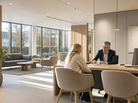 Jyske Bank A/S (DK0010307958) zeigt eine moderne Filiale mit Beratungsgespräch am Tisch im skandinavischen Stil - Foto: THN