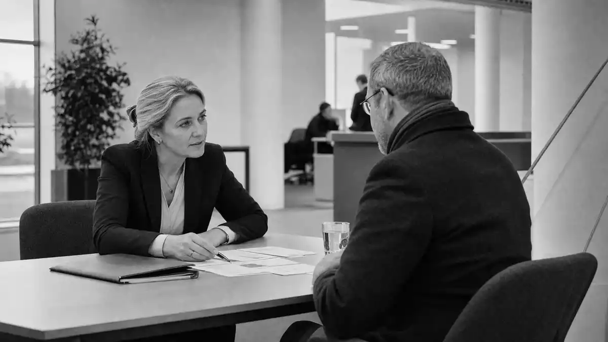Schwarzweiß-Reportagefoto: Bankberatung am Tisch im modernen Bürogebäude