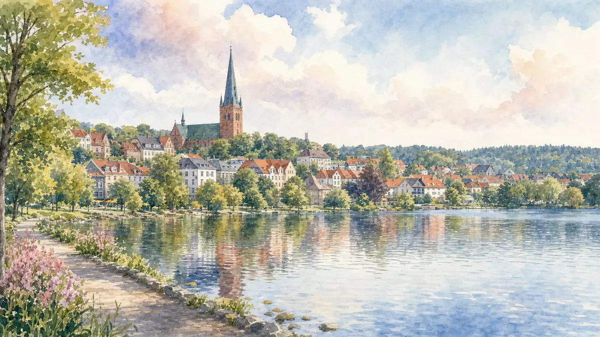 Aquarellmalerei der Silkeborg-Skyline mit Kirchturm, See und Uferpromenade