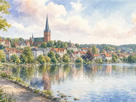 Jyske Bank A/S (DK0010307958) mit Hauptsitz in Silkeborg, dargestellt als stimmungsvolles Aquarellbild der Seenlandschaft - Foto: THN