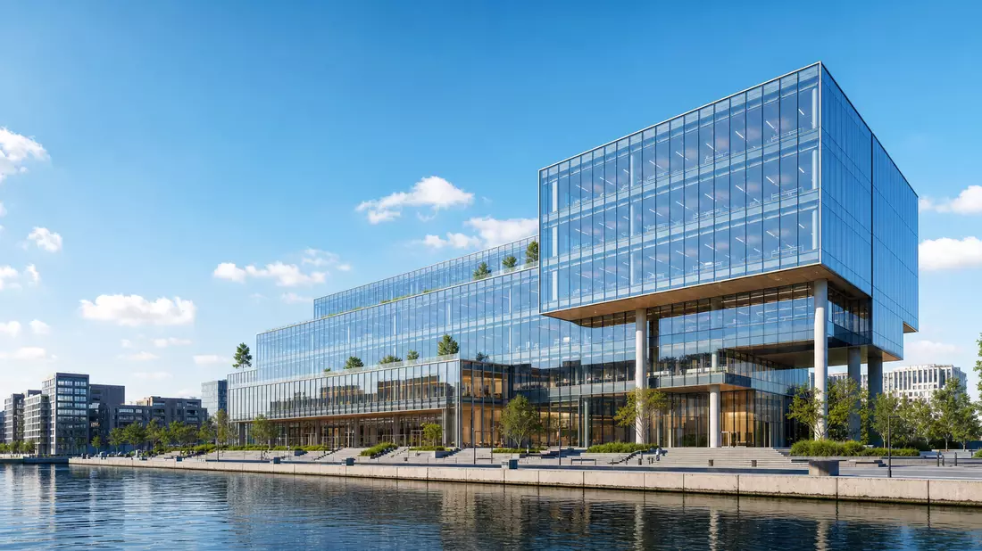 Architektur-Render eines modernen Glas-Hochhauses am Wasser in Dänemark