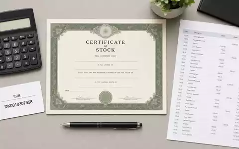 Jyske Bank A/S (DK0010307958) illustriert als Flatlay mit Aktienzertifikat, ISIN-Karte, Kontoauszug und Taschenrechner - Foto: THN