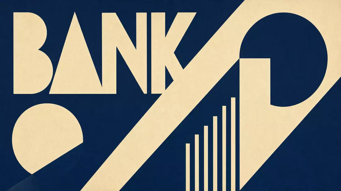 Bauhaus-Poster mit geometrischen Formen, Balken und dem Wort BANK