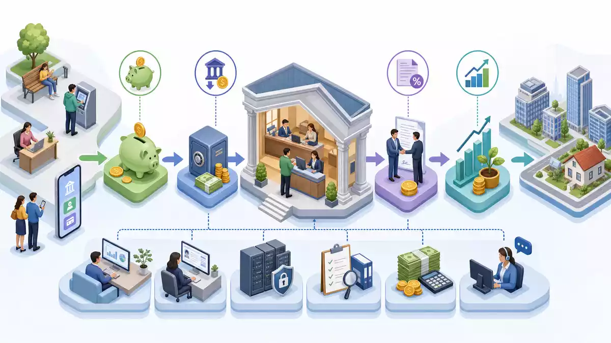 Isometrische 3D-Illustration einer typischen Bank-Wertschöpfungskette