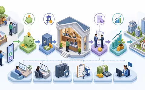 Jyske Bank A/S (DK0010307958) als isometrisches 3D-Diagramm einer typischen Bank-Wertschöpfungskette mit Sparen und Krediten - Foto: THN