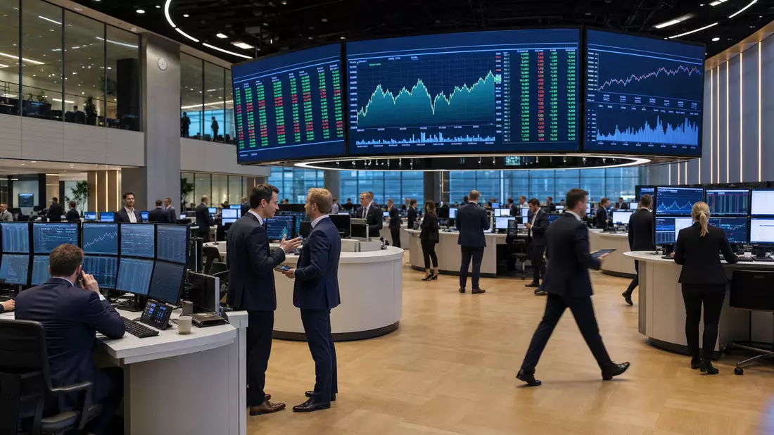 Trading-Floor mit Händlern vor Bildschirmen mit Börsenkursen und Charts
