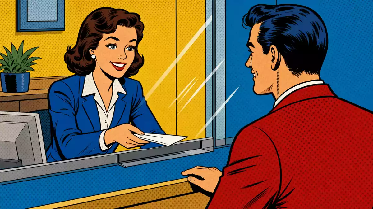 Pop-Art-Comic-Illustration: Bankangestellte am Schalter reicht Dokument