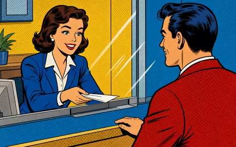 Jyske Bank A/S (DK0010307958) im bunten Pop-Art-Comic-Stil mit Bankangestellter am Schalter und lächelndem Kunden - Foto: THN