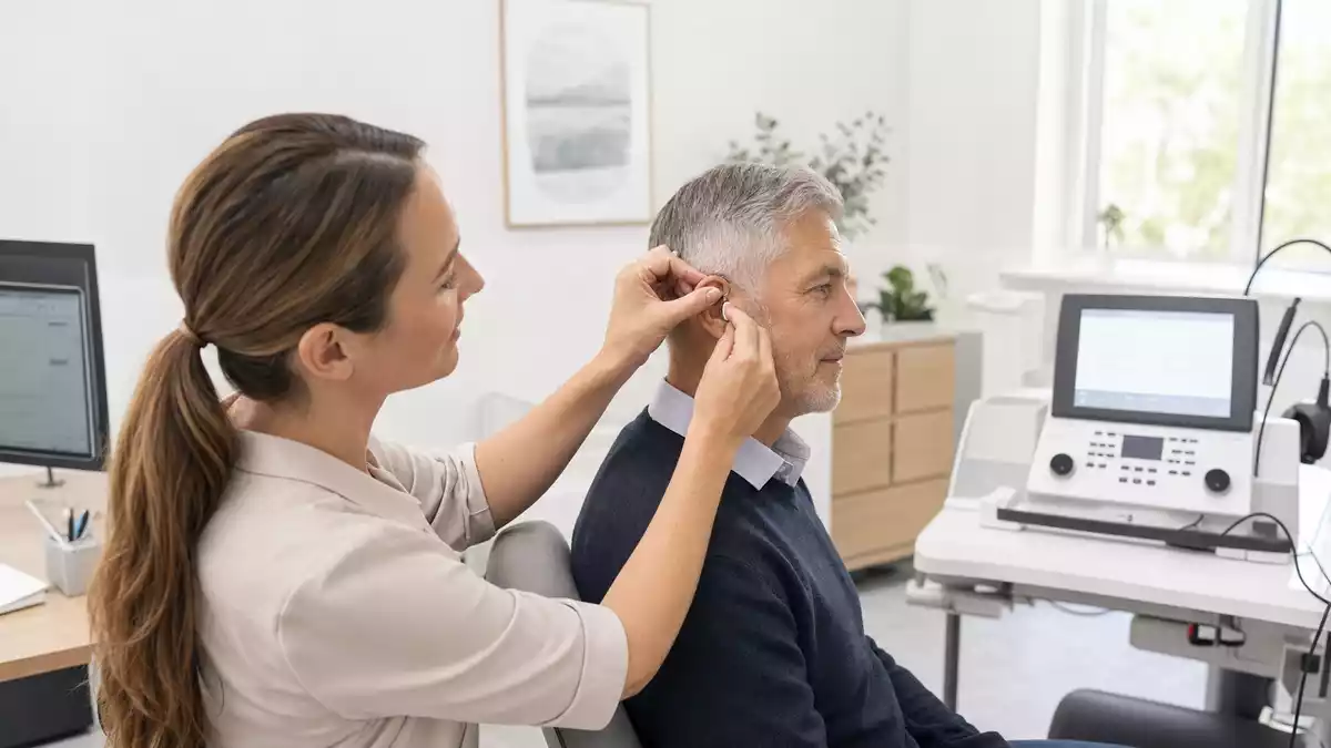 Audiologin passt unbeschriftetes Hörgerät bei Patient an, GN Store Nord A/S Branche