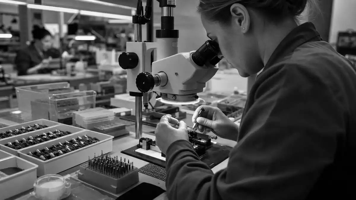 SW-Foto: Technikerin montiert unbeschriftete Hörgerätebauteile unter Mikroskop