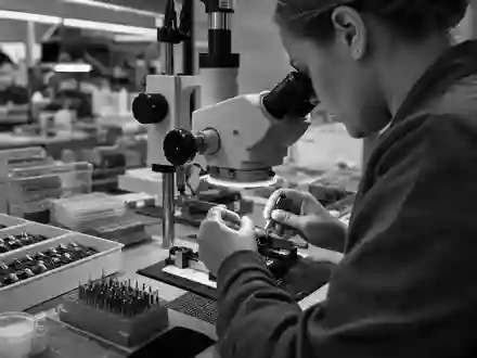 Schwarzweiß-Reportage zur Fertigung, thematisch verknüpft mit GN Store Nord A/S (DK0010272632) und Audiotechnik-Produktion - Foto: THN