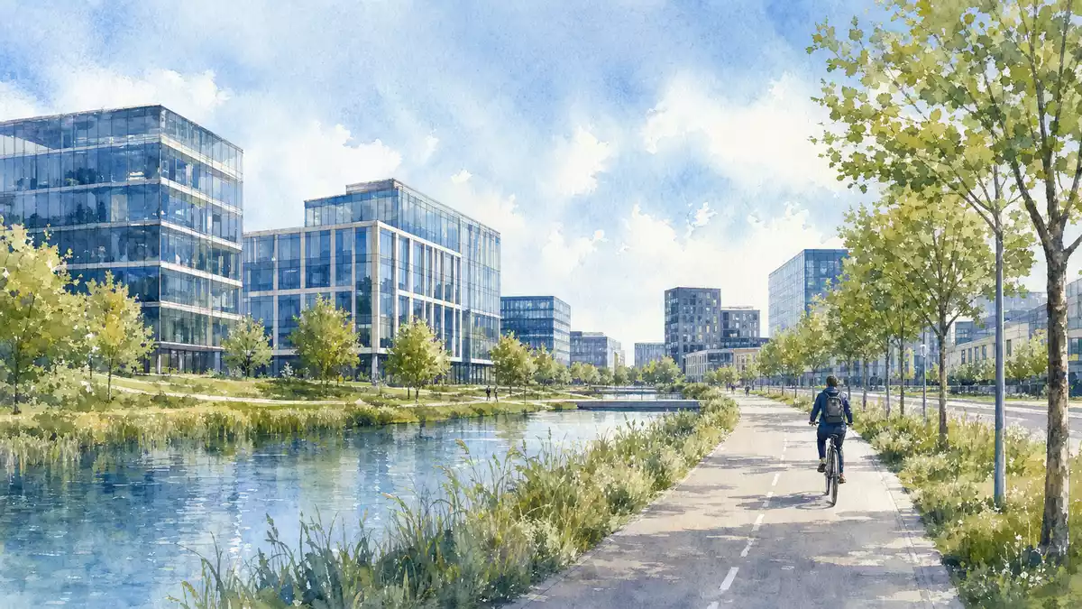Aquarellbild eines Bürogebiets in Ballerup nahe Kopenhagen mit Radweg am Kanal