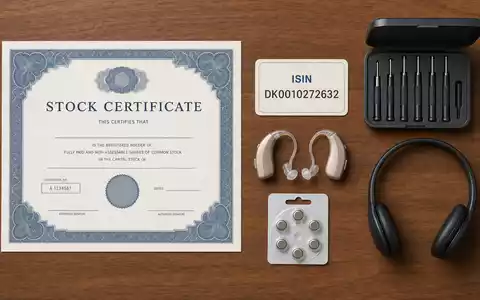 Flatlay mit Aktienzertifikat, ISIN-Karte DK0010272632, Hörgeräten und Headset, symbolisch für GN Store Nord A/S - Foto: THN