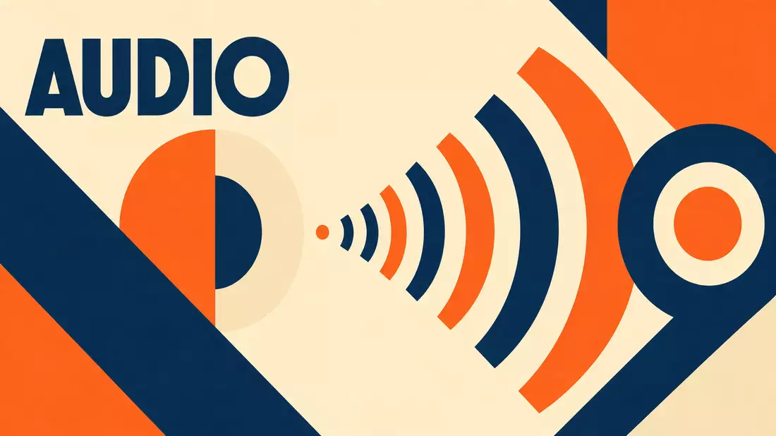 Geometrisches Bauhaus-Poster mit Schallwellen und dem Wort AUDIO in Blockfarben
