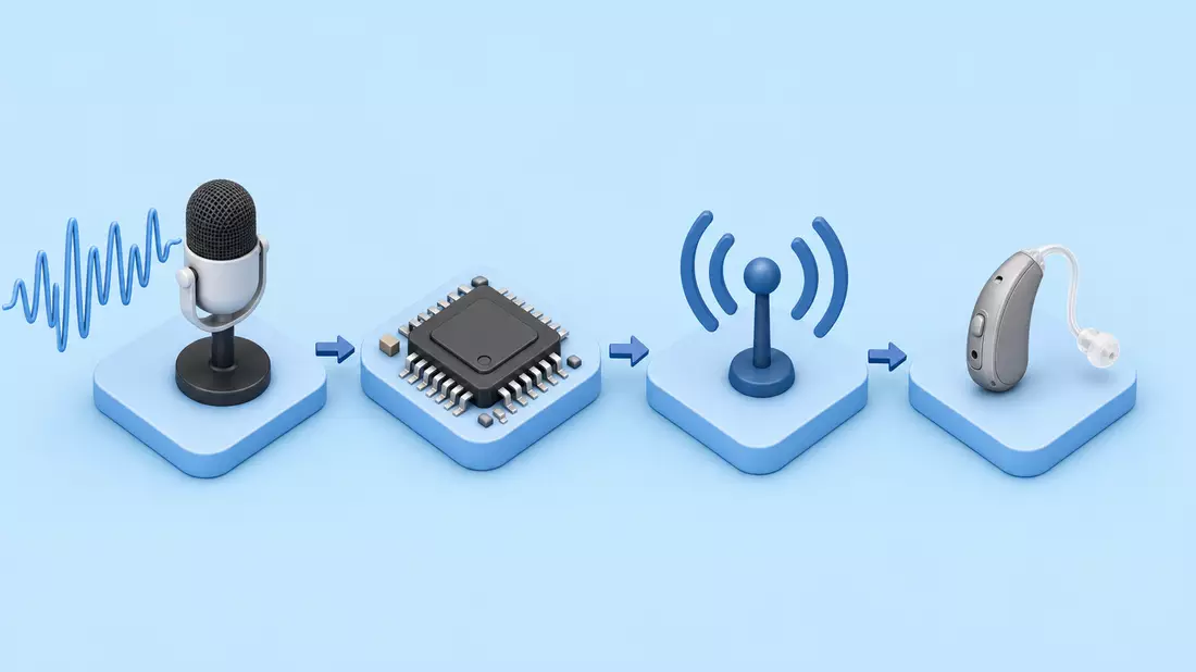 Isometrische 3D-Grafik: Mikrofon, Chip, Funksignal und Hörgerät als Prozessschritte