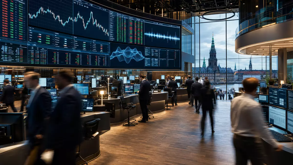 Trading-Floor mit Kursdiagrammen und Schallwellen-Grafik, Blick auf Kopenhagen