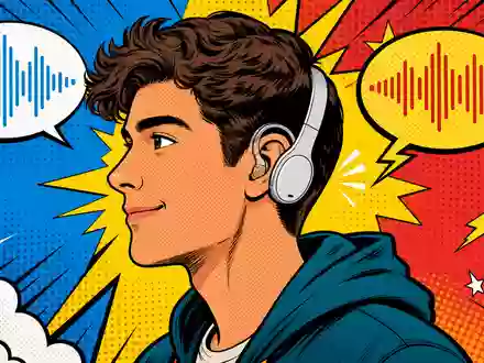 Pop-Art-Comic mit Kopfhörer und Hörgerät illustriert die Audiobranche von GN Store Nord A/S (DK0010272632) - Foto: THN