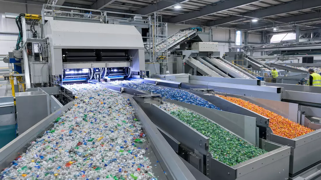 Industrielle Recycling-Sortieranlage mit bunten Kunststoffabfällen auf Förderbändern