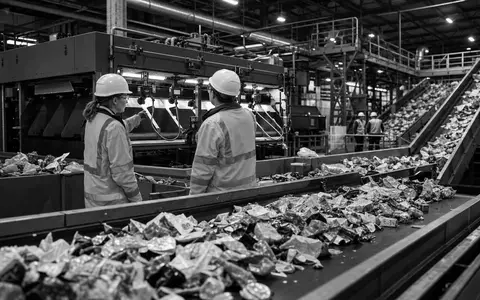 Schwarzweiß-Reportagefoto dokumentiert Arbeitsalltag in Recyclinganlage und symbolisiert Tomra Systems ASA NO0005668905 im Sortierprozess - Foto: THN