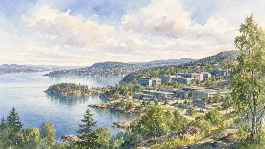 Aquarellbild einer norwegischen Fjordlandschaft mit modernem Firmencampus