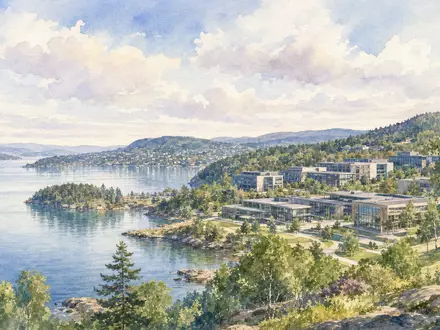Aquarellmalerei zeigt norwegische Küstenlandschaft nahe Asker, Firmensitz von Tomra Systems ASA NO0005668905 am Fjord - Foto: THN