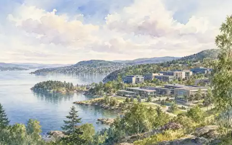 Aquarellmalerei zeigt norwegische Küstenlandschaft nahe Asker, Firmensitz von Tomra Systems ASA NO0005668905 am Fjord - Foto: THN