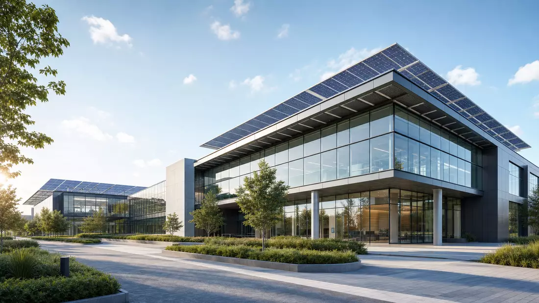 Architekturvisualisierung eines modernen Glasgebäudes mit Solarpaneelen