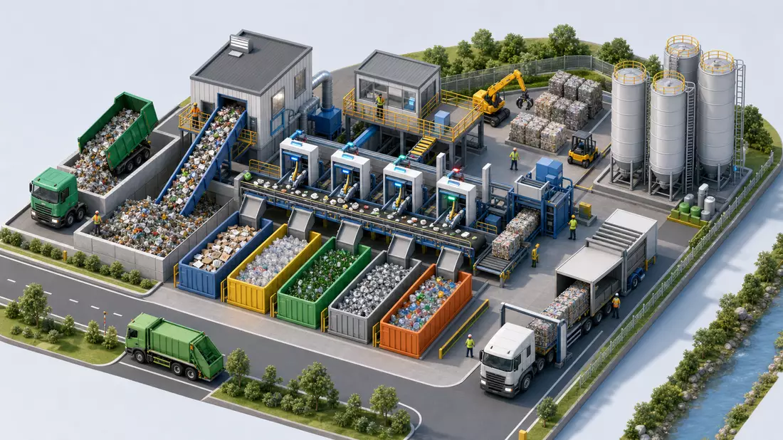 Isometrische Darstellung einer Recyclinganlage mit Förderbändern und Lastwagen